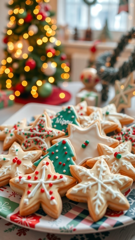 Festive Christmas Cookie Cutouts Recipe Decorated Christmas cookie cutouts in festive shapes on a holiday plate with a Christmas tree in the background.